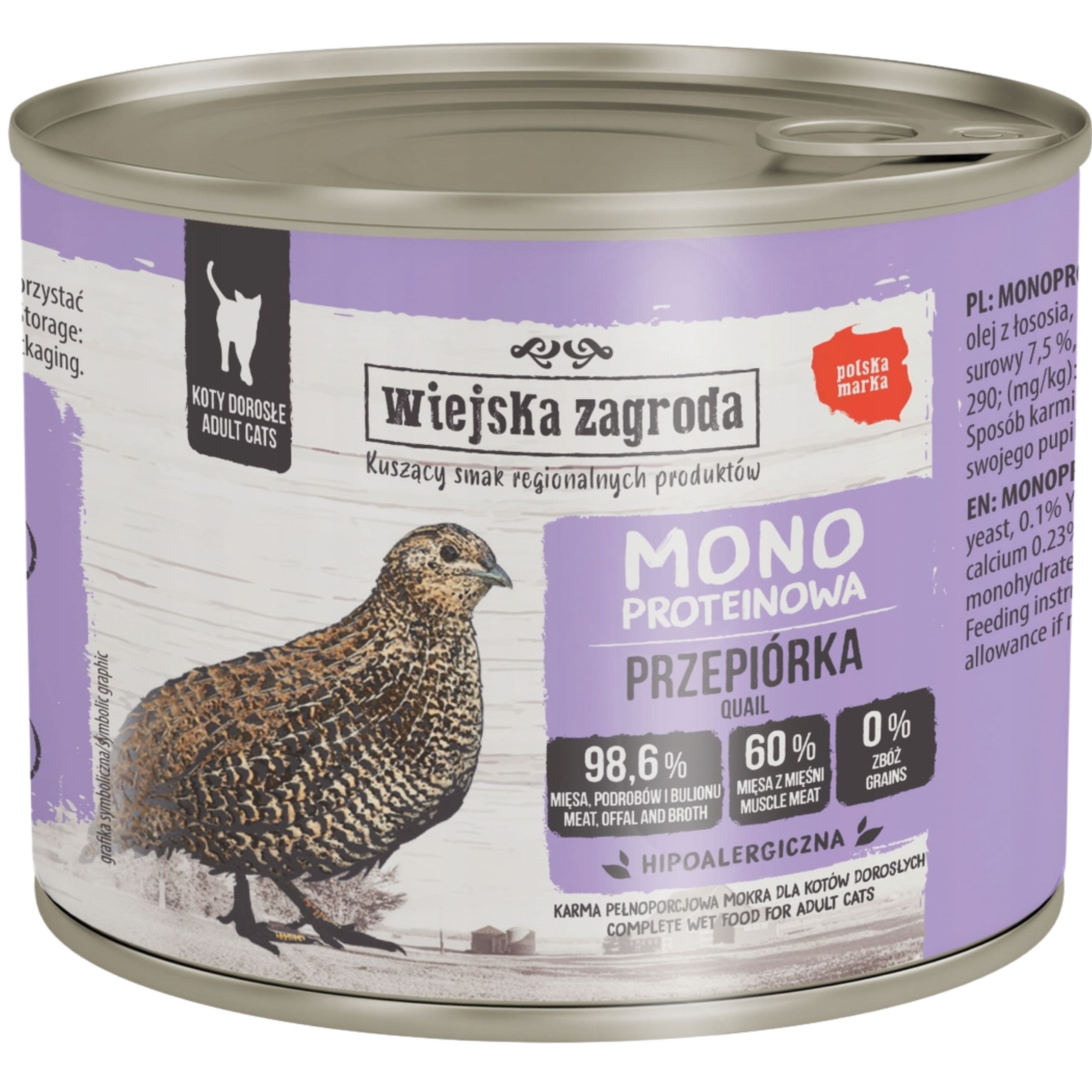 Karma mokra dla kota Wiejska Zagroda Monobiałkowa Przepiórka 200g bez zbóż