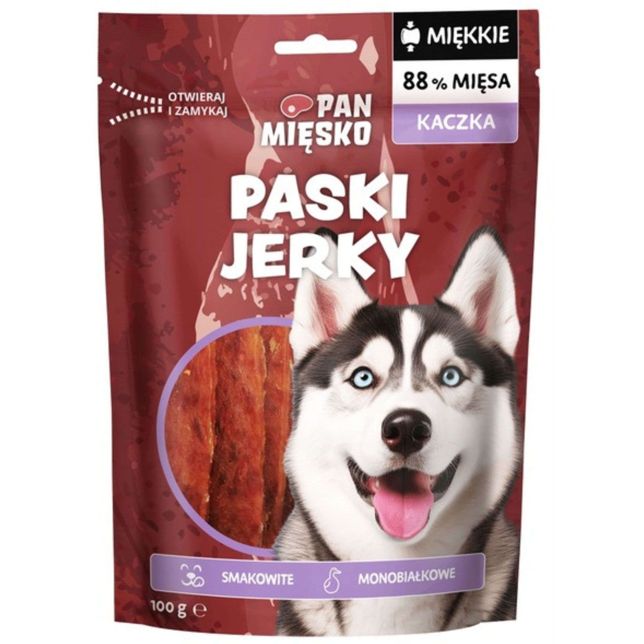 Przysmaki dla psa Pan Mięsko Paski Jerky Kaczka 100g monobiałkowe miękkie