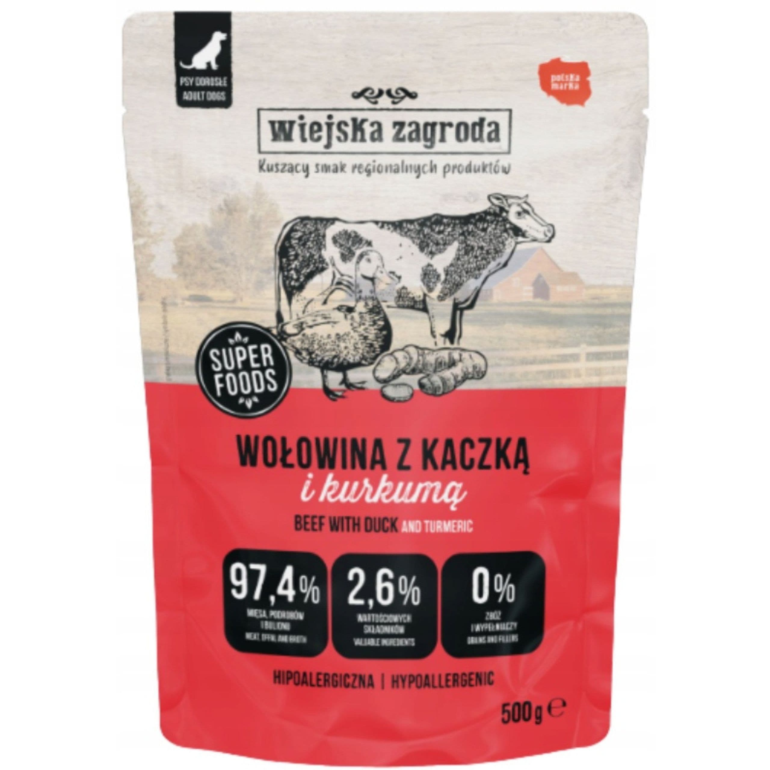 MOKRA KARMA DLA PSA Wiejska Zagroda Wołowina z kaczką 500 g HIPOALERGICZNA