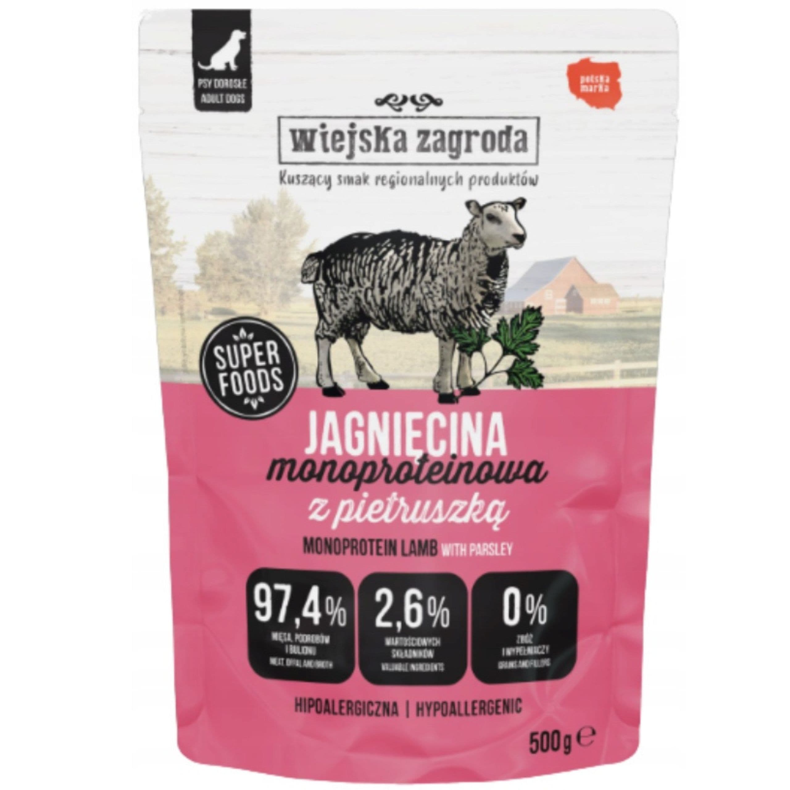 MOKRA KARMA DLA PSA Wiejska Zagroda Monobiałkowa Jagnięcina 500g NA ALERGIĘ