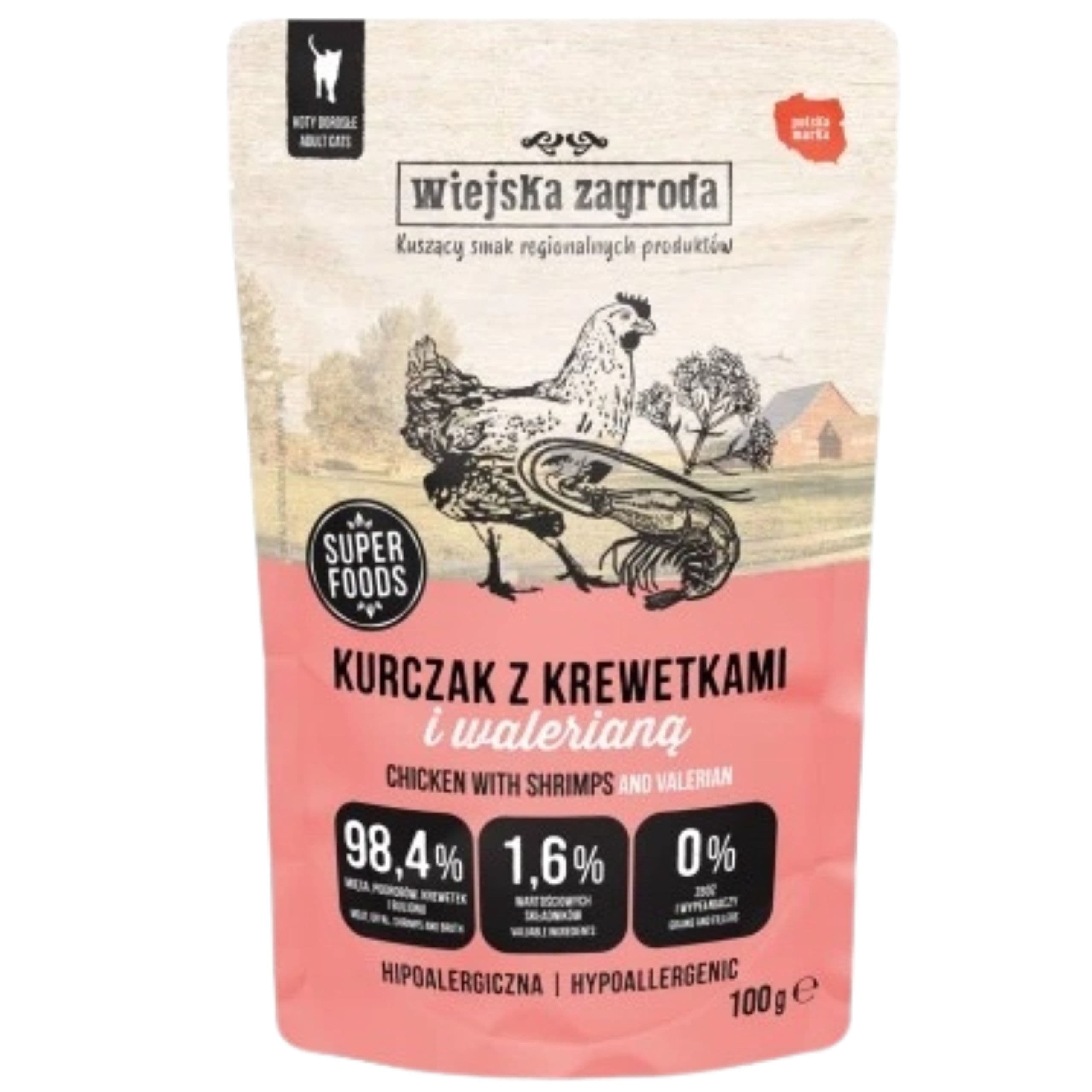 Karma mokra dla kota Kurczak z krewetkami i waleriana 100g Wiejska Zagroda
