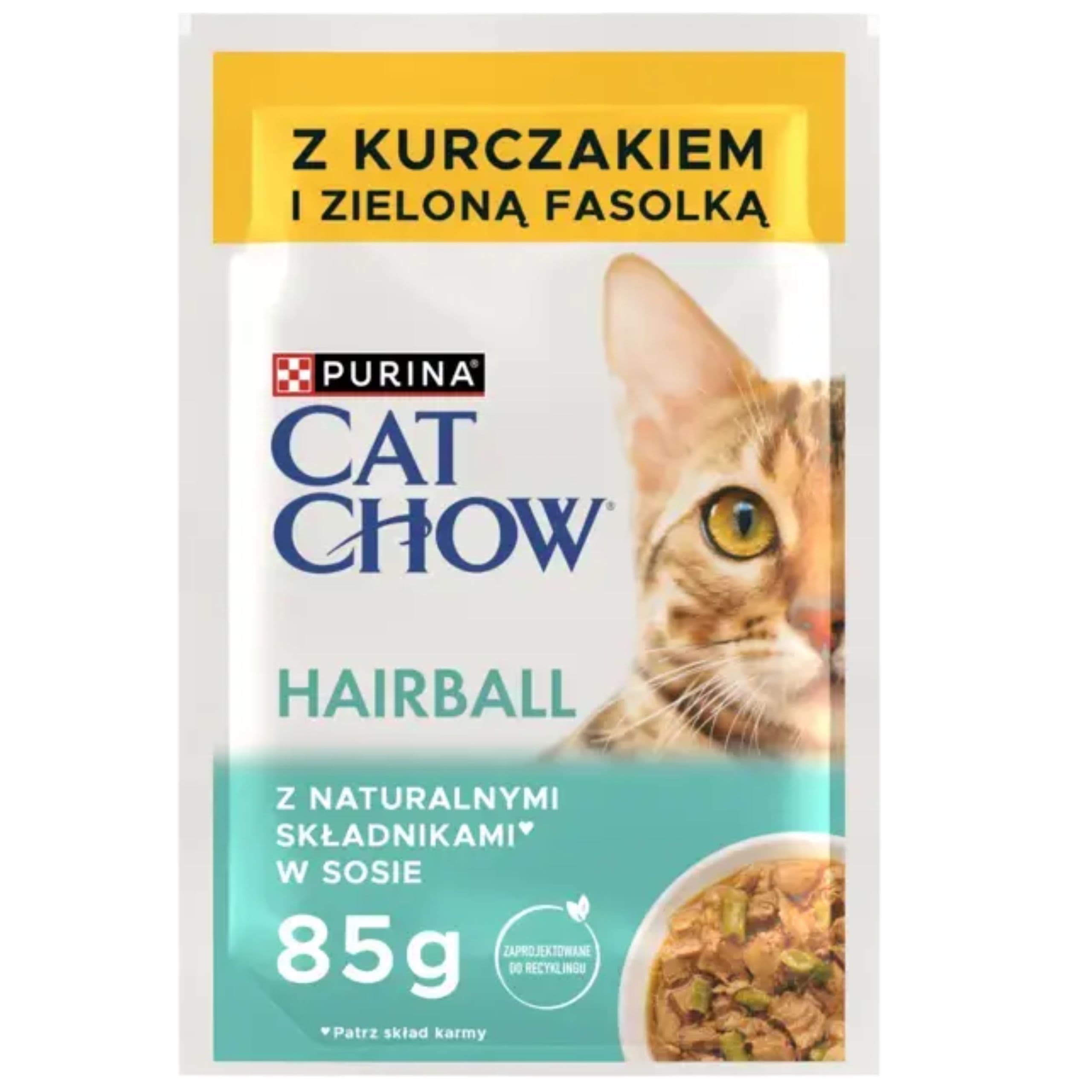 KARMA MOKRA DLA KOTA PURINA CAT CHOW HAIRBALL KURCZAK Z ZIELONĄ FASOLKĄ 85g