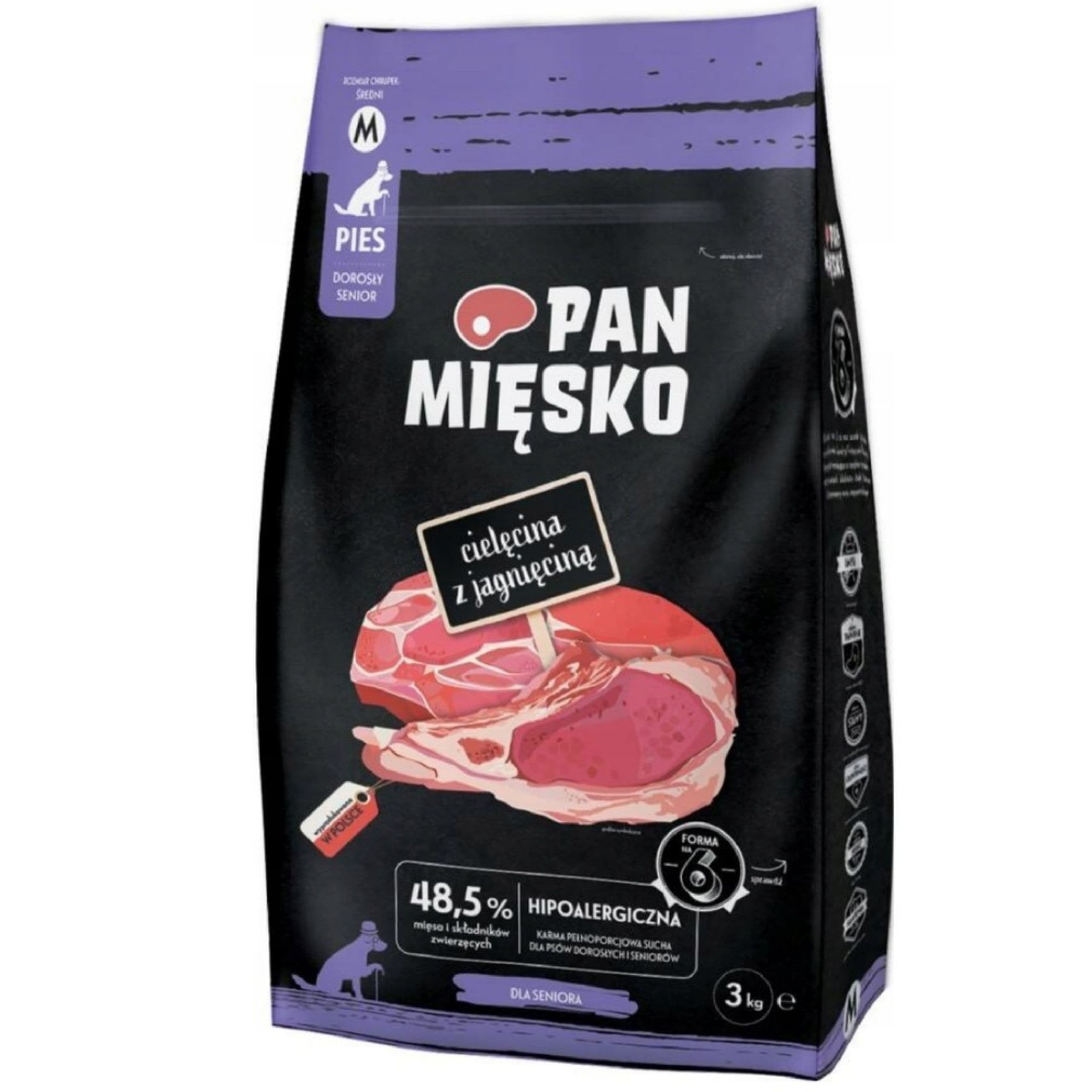 Sucha karma dla psa Pan Mięsko Cielęcina z jagnięciną chrupki M 3kg senior