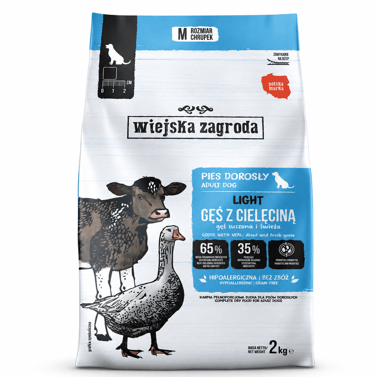 Sucha karma dla psa Light Gęś z cielęciną probiotyk Wiejska Zagroda 2 kg
