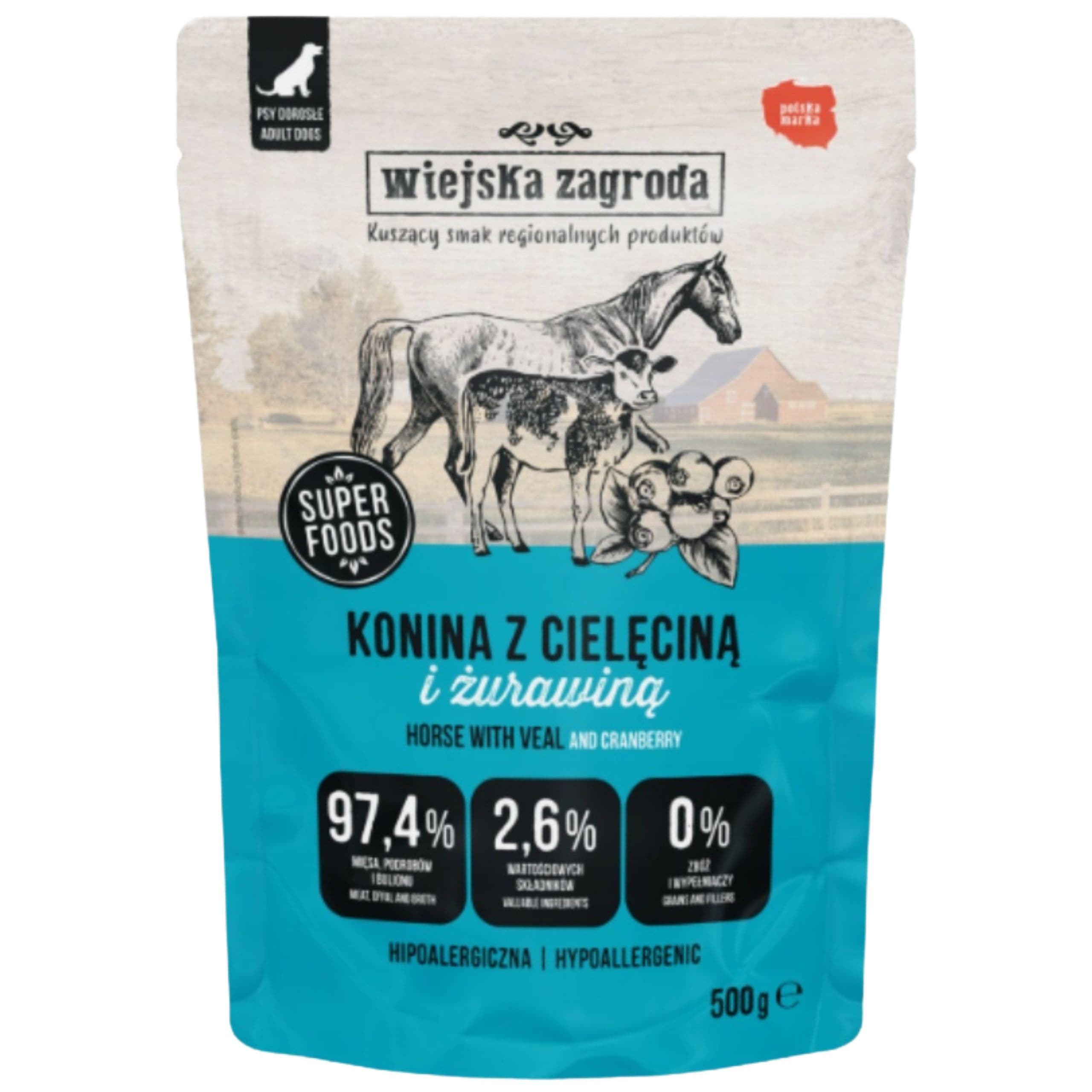 MOKRA KARMA DLA PSA Wiejska Zagroda Konina z cielęciną 500 g HIPOALERGICZNA