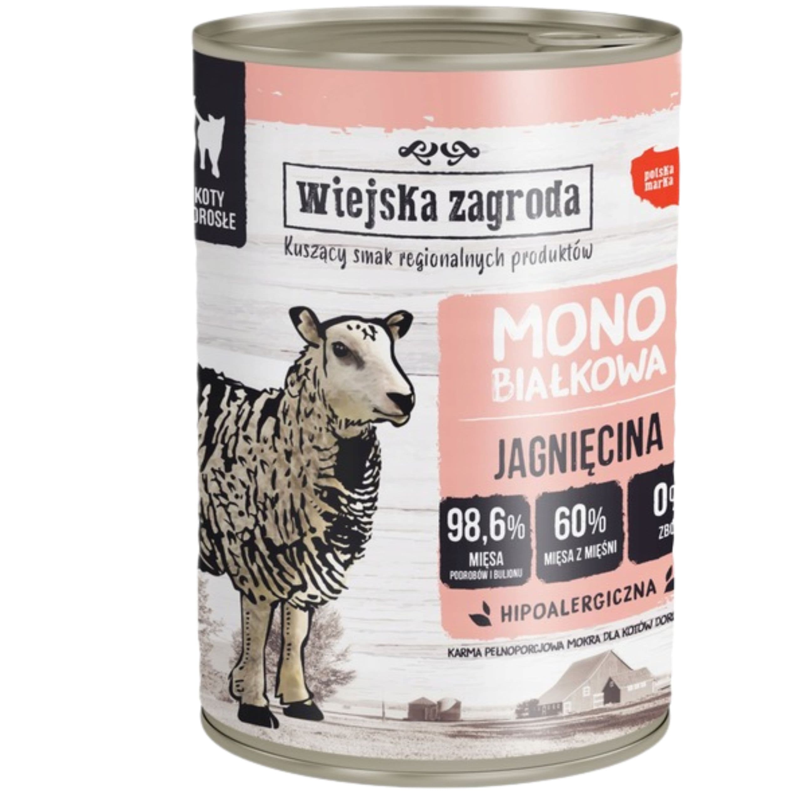 Karma mokra dla kota Monobiałkowa Jagnięcina 400g Wiejska Zagroda alergie
