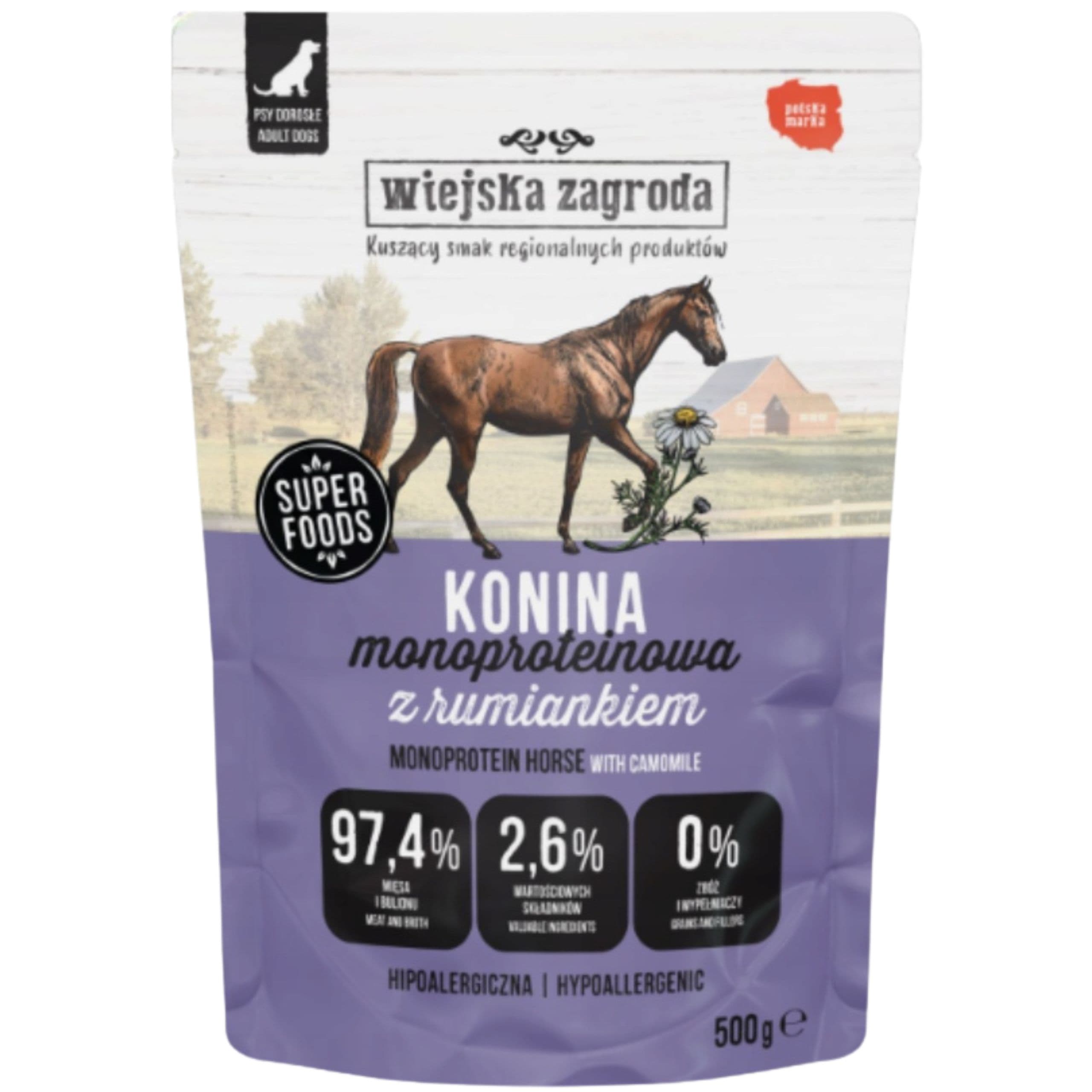 MOKRA KARMA DLA PSA Wiejska Zagroda Monobiałkowa Konina 500g HIPOALERGICZNA