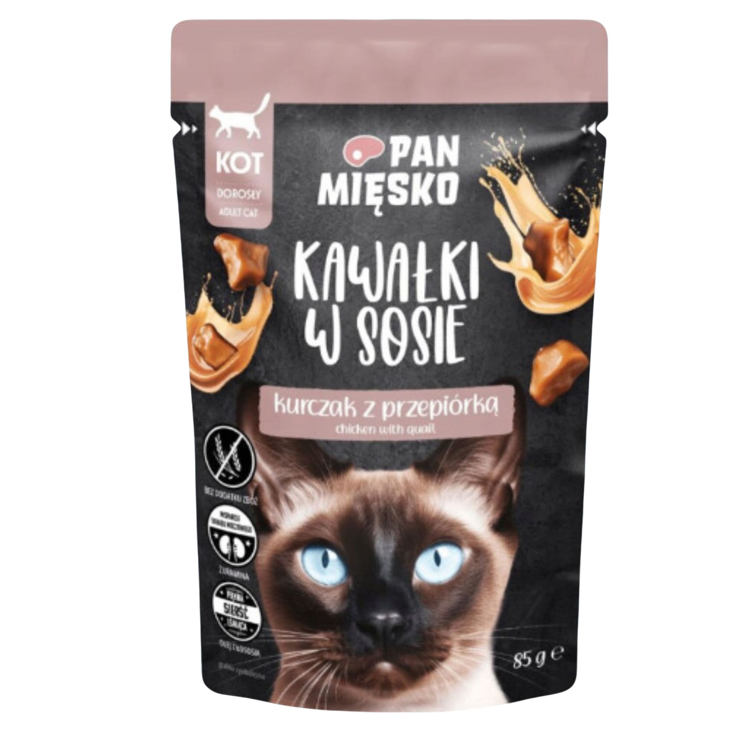 Karma mokra dla kota Kawałki mięsa Kurczak przepiórka Pan Mięsko 85g kot