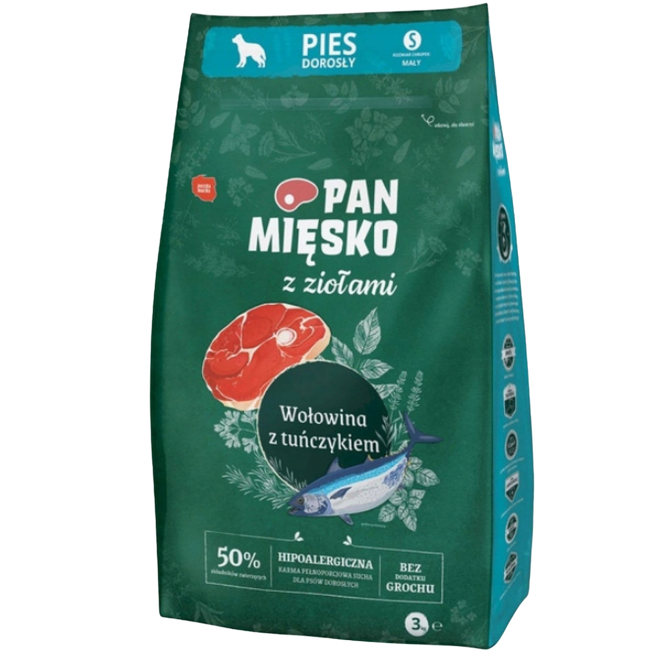 Sucha karma dla psa Wołowina tuńczyk Zioła Pan Mięsko hipoalergiczna S 3 kg
