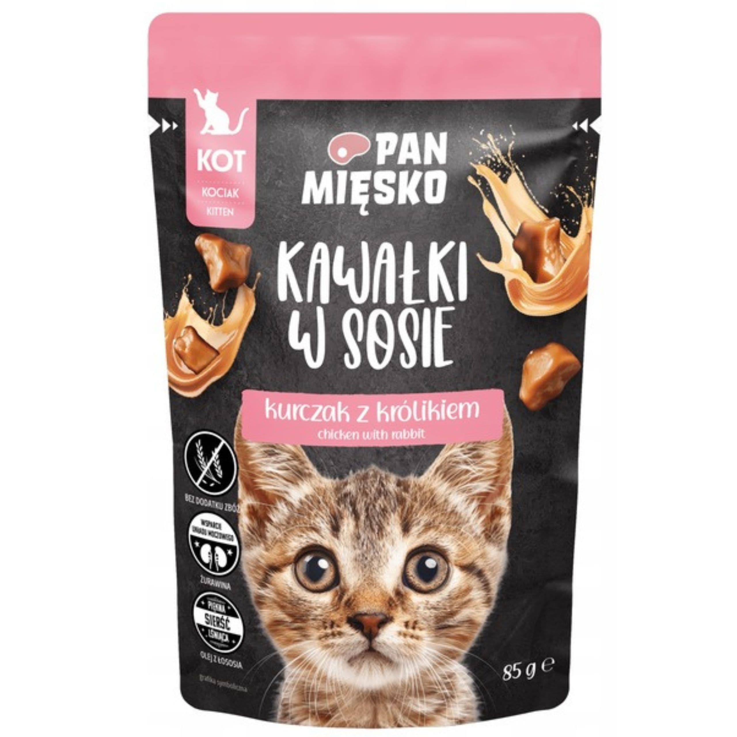 KARMA MOKRA DLA KOTA Pan Mięsko Kawałki w sosie Kurczak królik 85g kocięta