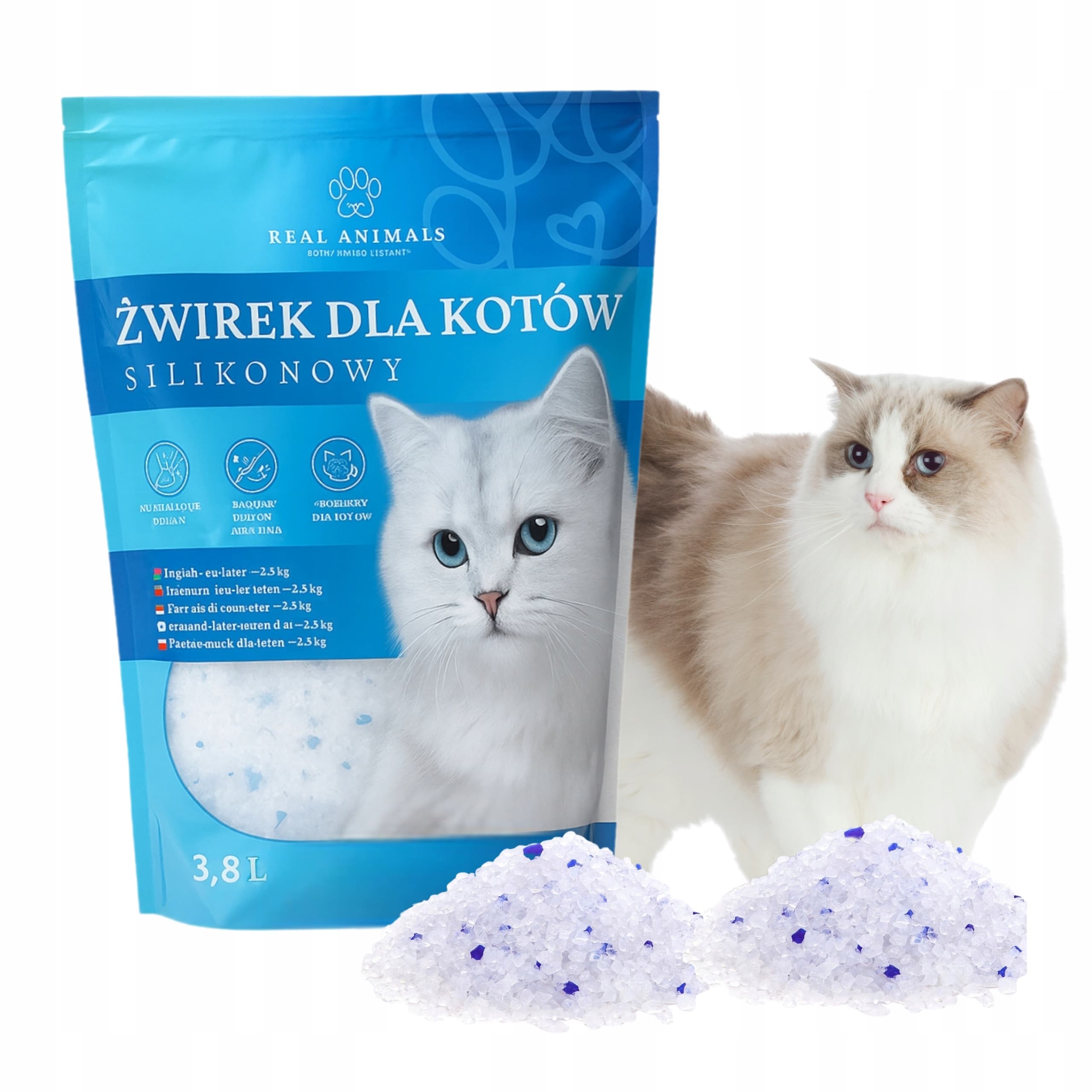 Żwirek Silikonowy dla Kota do Kuwety 1,5 kg Niezbrylający Bezpyłowy Wydajny 3,8l